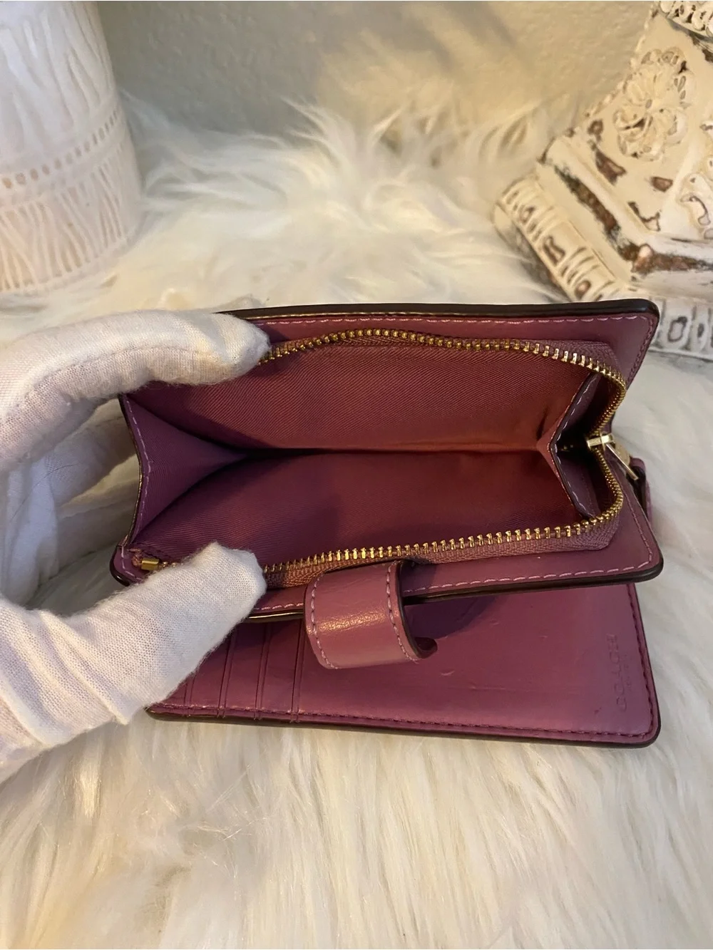 Coach Signature Canvas Small Wallet in Khaki with Purple Tab